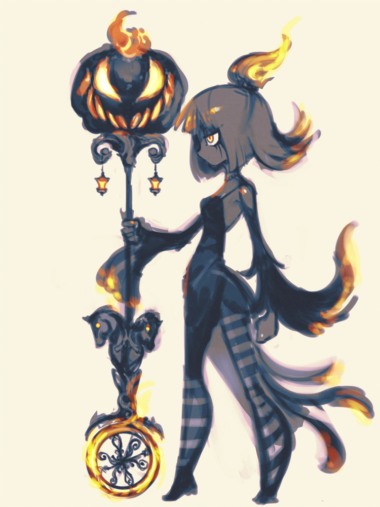 a digital illustration of a witch holding a staff with a pumpkin on top. the witch has fire coming out of her hair and from the staff. she is wearing a black dress with stripes. the background is a light beige color.
