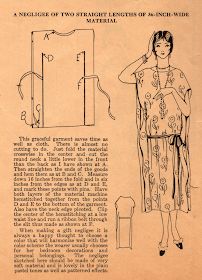 this image shows a vintage sewing pattern for a negligee made from two straight lengths of 36inch wide material. there are diagrams and instructions for constructing the garment, and a line drawing of a woman wearing the finished negligee.
