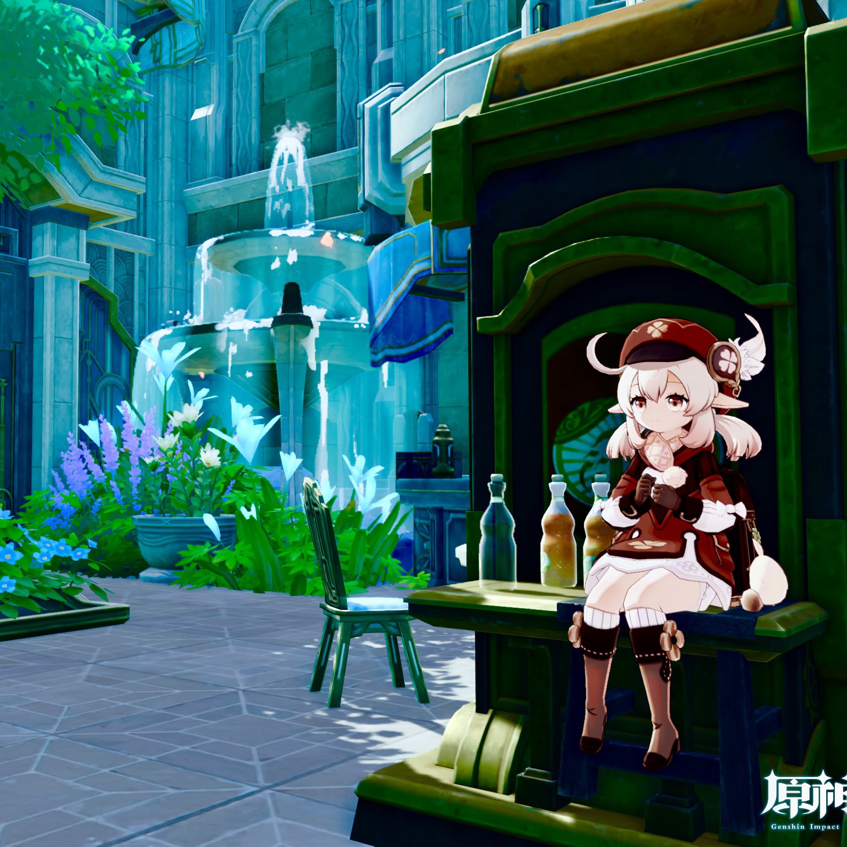 a digital rendering of klee, a character from the video game genshin impact, sitting at a small table in a teal and green courtyard. klee is enjoying a snack while seated at an outdoor cafelike area with a fountain in the background and plants surrounding the seating area.  the style is animeinspired and chibilike, with bright colors and a whimsical atmosphere. the image is highly stylized with a focus on color and lighting.