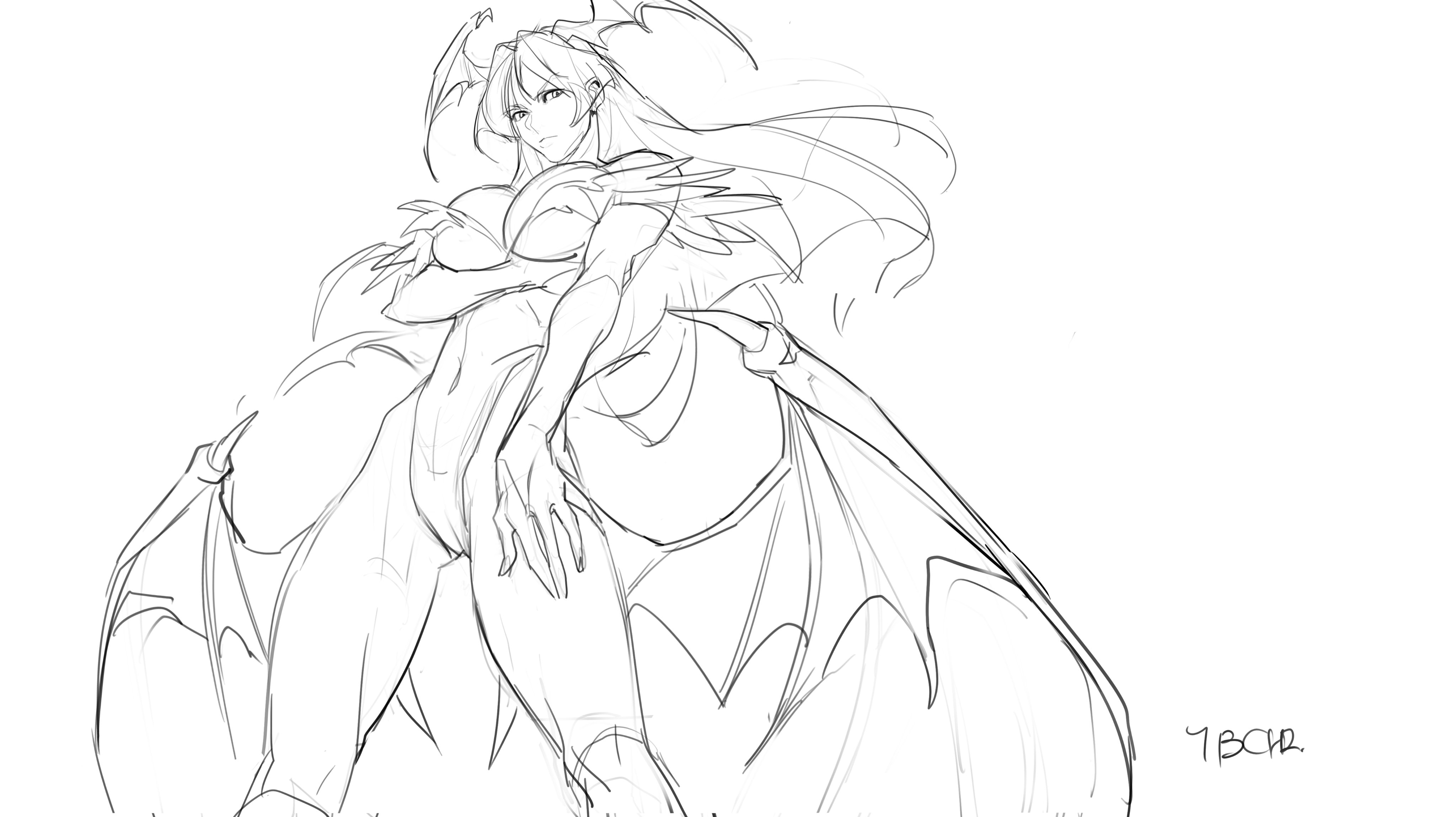 the image is a pencil sketch or digital drawing of a female demon or succubus.  she has long flowing hair, large batlike wings, and horns. she is depicted from a low angle, emphasizing her form and creating a dynamic and somewhat alluring pose. the style is reminiscent of anime or manga character design, with a focus on expressive lines and a slightly sketchy feel. the overall mood is a mix of fantasy and potentially seductive, depending on the interpretation. the artwork is unfinished, showing the lines and shading typical of a work in progress. a signature or artist's mark is visible in the bottom right corner.