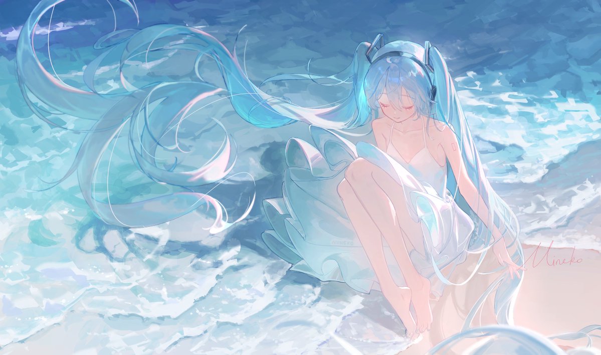he image is a digital painting of hatsune miku, a popular virtual singer, sitting on a beach. she is wearing a white dress and has long, flowing blue hair that blends with the ocean waves. the overall atmosphere is serene and peaceful, with pastel colors and a gentle, dreamy quality.  the artwork is beautifully rendered, showcasing the artist's skill in creating a realistic yet fantastical scene.  the light and the way the water is depicted give the image a calming effect.