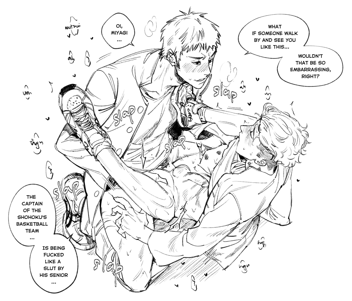 the image is a mangastyle drawing depicting a sexual encounter between two young men. one, seemingly a senior, is dominating the other, who is the captain of the shohoku basketball team (indicated by text). the senior is shown slapping the junior's face repeatedly while the junior is sprawled on the floor in a submissive pose. the scene is suggestive of nonconsensual sexual activity, emphasized by the text captions describing the younger boy as being "fucked like a slut". the art style is expressive and somewhat rough, with dynamic lines and shading to enhance the emotional intensity of the scene.  text bubbles throughout indicate dialogue expressing embarrassment and the scenario of being seen. the overall mood is suggestive and potentially exploitative.