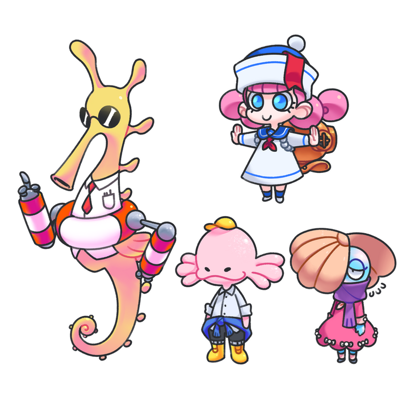 this illustration features four adorable cartoon characters. there's a seahorse with sunglasses and a life preserver, a sailor girl with a backpack, an axolotl wearing a white shirt and jeans, and a clam wearing a pink dress and purple scarf. they all appear to be friendly and are drawn in a cute and colorful style. the seahorse is the largest, and the clam is the smallest. the sailor girl is standing in the middle, and the axolotl is to the right of her. the characters are all facing forward.  the artwork is drawn with a bright color palette and has a playful and whimsical feel.