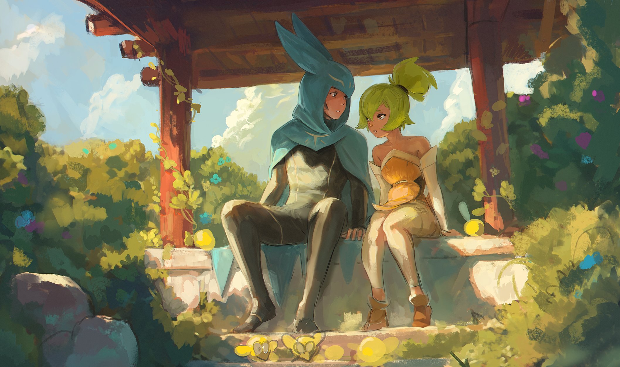 the digital painting showcases a whimsical scene of a young man and woman sitting together in a peaceful garden setting. the man is wearing a blue hooded cloak, while the woman has vibrant yellow hair and a light yellow dress. they sit on a stone bench under a wooden gazebo, surrounded by lush greenery. the overall style is reminiscent of anime or fantasy art, with vibrant colors and a softly stylized approach. the scene evokes a feeling of serenity and gentle romance. the painting is full of life and detail, from the colorful flowers to the playful postures of the characters. the light seems to be streaming in from behind, casting the characters in a sundrenched glow.