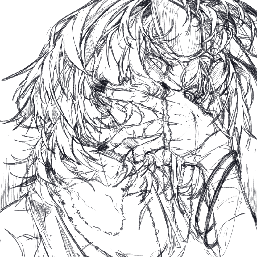 the image is a black and white line art sketch depicting an animestyle figure with messy hair. the figure is covering their face with their hand, and a chain necklace is draped around their neck. the overall impression is one of sadness, grief, or depression, as the obscured face and gesture suggest emotional distress.