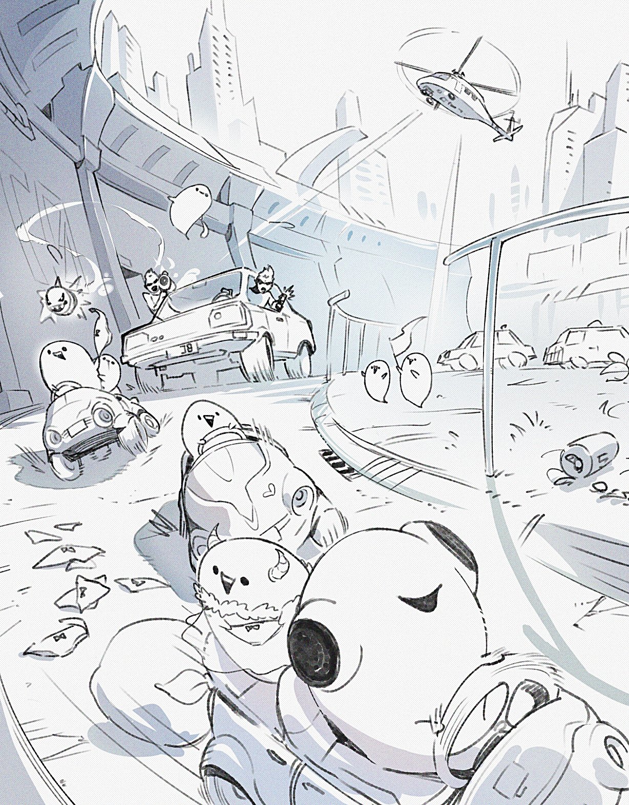 a black and white cartoon drawing of a chaotic scene in a futuristic cityscape. various birdlike creatures in different forms and disguises are involved in a chase. some are driving cars, one is flying as a ghost, and others are in a car being chased by police cars. a helicopter flies overhead. there is debris on the ground.
