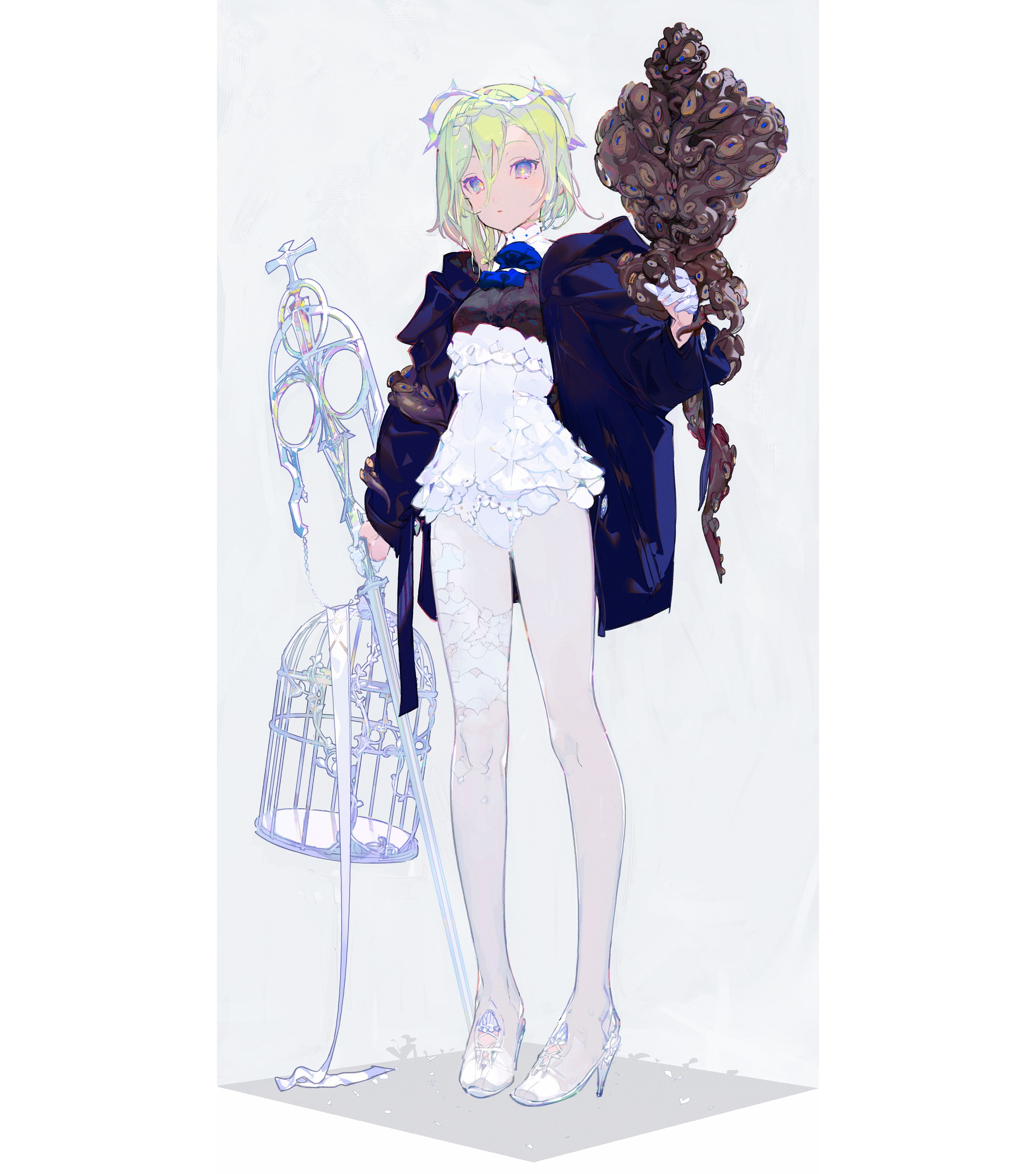 the image is a digital painting or illustration of a stylized anime girl. she has pale skin and light, short greenblonde hair.  she's dressed in a white ruffled dress under a dark blue, loose coat. she wears sheer white tights with a delicate pattern and highheeled shoes. the girl holds a staff topped with what seems to be a stylized cross and a cage hangs from the staff.  beside her is a dark, octopuslike creature with numerous tentacles. the overall style is ethereal and whimsical, with pastel colors and soft, flowing lines. the background is a simple, light wash of color. the composition focuses on the girl as the main subject, with the other elements adding to the fantastical atmosphere.