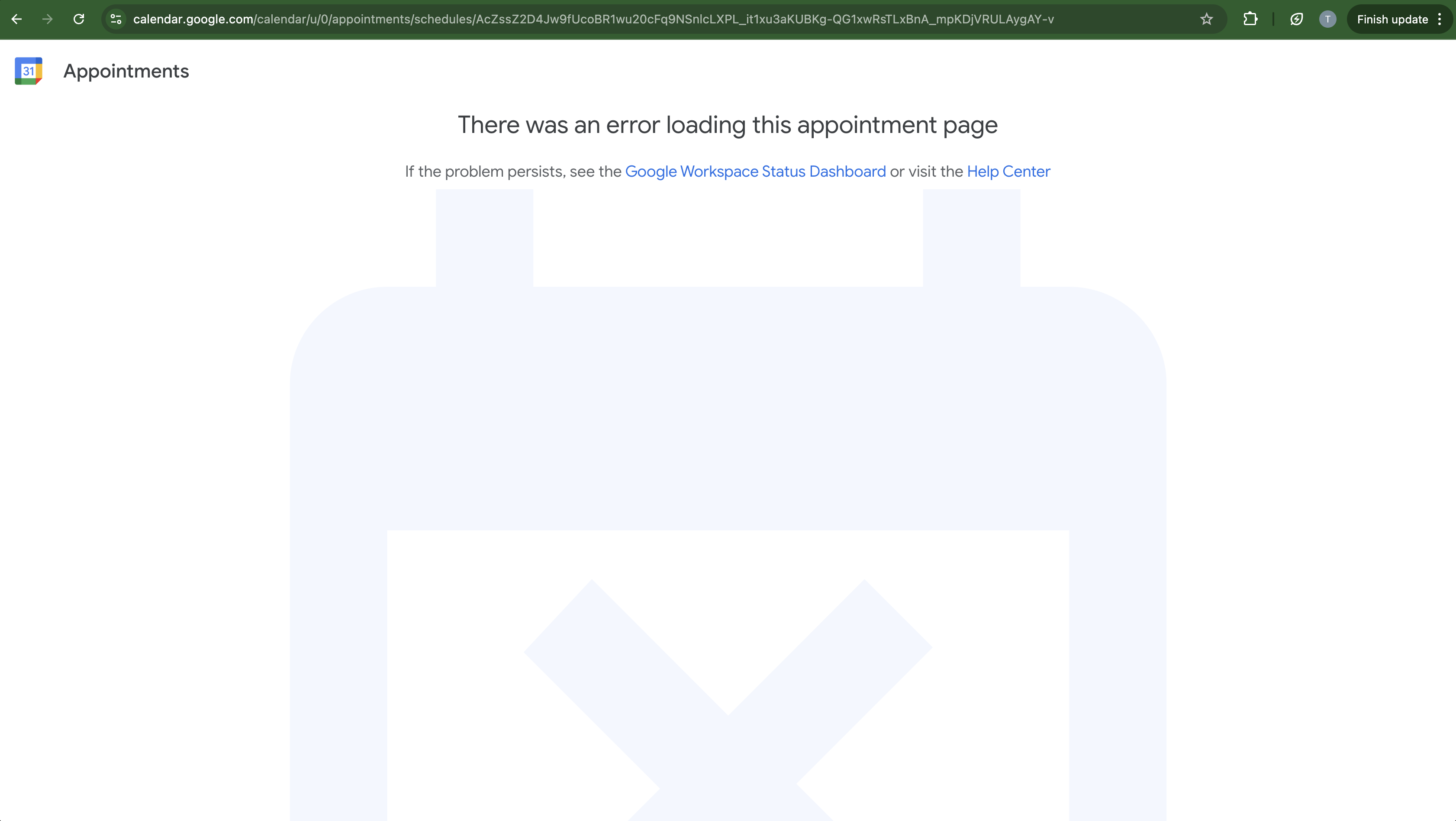 the image displays an error message on a google calendar page. the message indicates that there was an error loading the appointment page, and it suggests visiting the google workspace status dashboard or the help center if the issue persists. the page is designed in google's familiar white and green theme, with a stylized calendar icon representing the error.