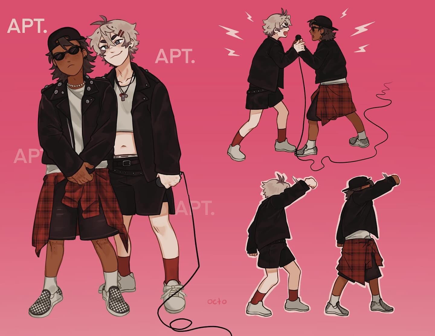 the image is a digital illustration in a style reminiscent of anime and cartoons, featuring two boylike characters, possibly original characters (ocs), styled in a punk or grunge fashion reminiscent of the 90s.  one character has light gray hair and the other dark brown. they're dressed in black leather jackets, plaid shirts, and shorts. the top image shows the two characters standing together; the image below shows dynamic, energetic poses, suggesting a performance. one scene depicts them singing into microphones. the overall style is playful and expressive, with bold lines and colors.  the background is a solid, vibrant pink, and the word "apt" is repeated throughout the image, likely a reference to a band name or relevant context. the artist's signature or tag appears subtly near the bottom.
