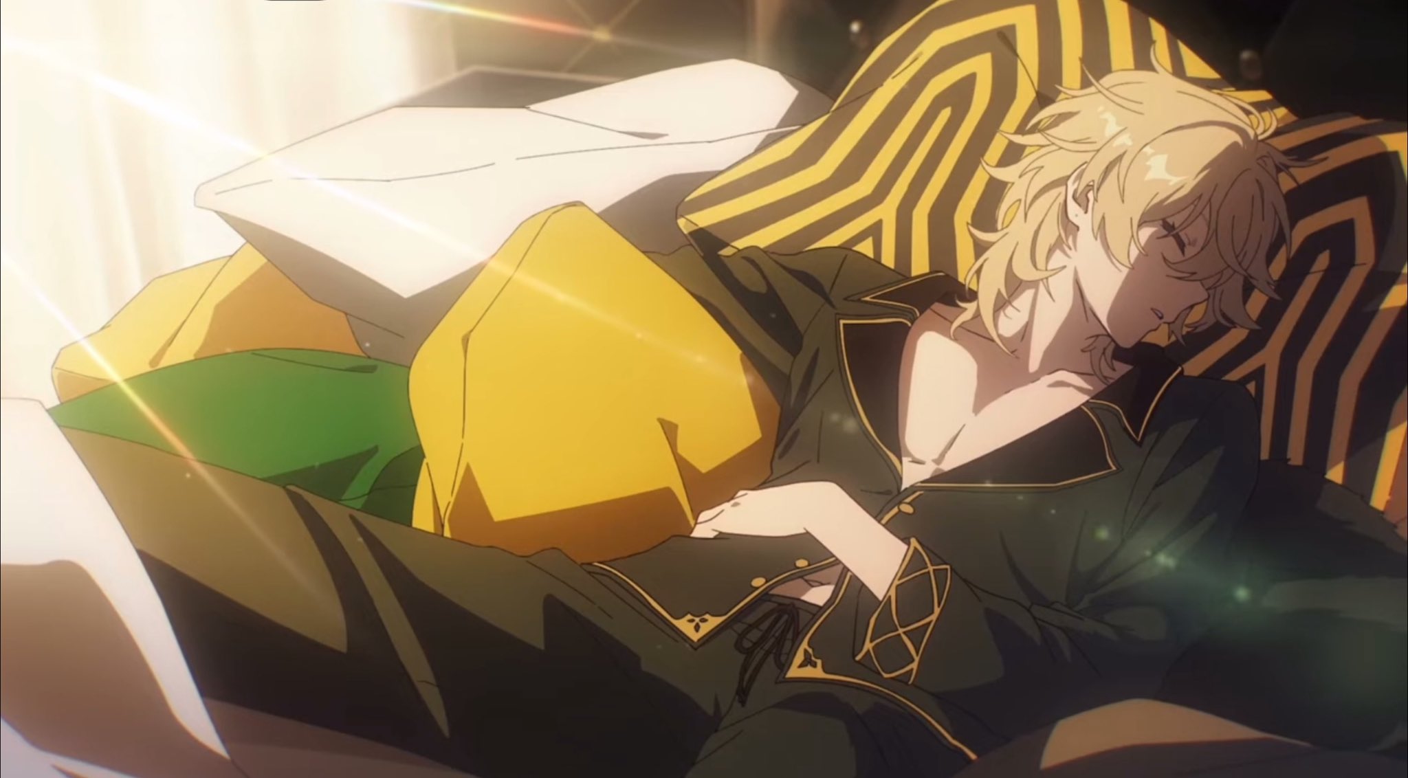 this is an anime drawing of a young man with blond hair sleeping in a bed. he is wearing a green and gold nightgown. the bed has a yellow and green blanket. it is a peaceful scene, with the man clearly dreaming of a peaceful night's rest.