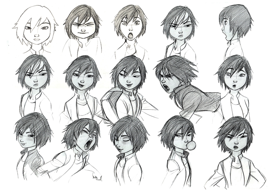 this is a black and white sketch page containing 15 drawings of the same male character's face. each drawing showcases a different facial expression. the character has short, dark hair and distinctly asian features. he appears to be a teenager or young adult and is drawn in a stylized, cartoonlike manner. most of the drawings depict him from the shoulders up, with a few showing more of his torso and one showcasing a side profile. he is consistently shown wearing a jacket or shirt with a collar. the drawings are rough and expressive, suggesting they are part of the character design process for animation or comics.