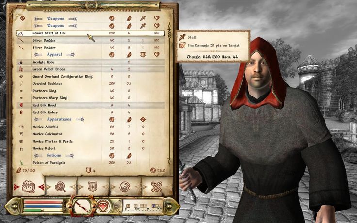 a screenshot from the elder scrolls iv: oblivion showing the player's inventory screen, which is displaying a magical staff that can cast fire spells, and a man in a red hooded robe, which represents the player character, wielding the staff in the background. the man is wearing a black coat over a chainmail shirt and holding the staff in his right hand.