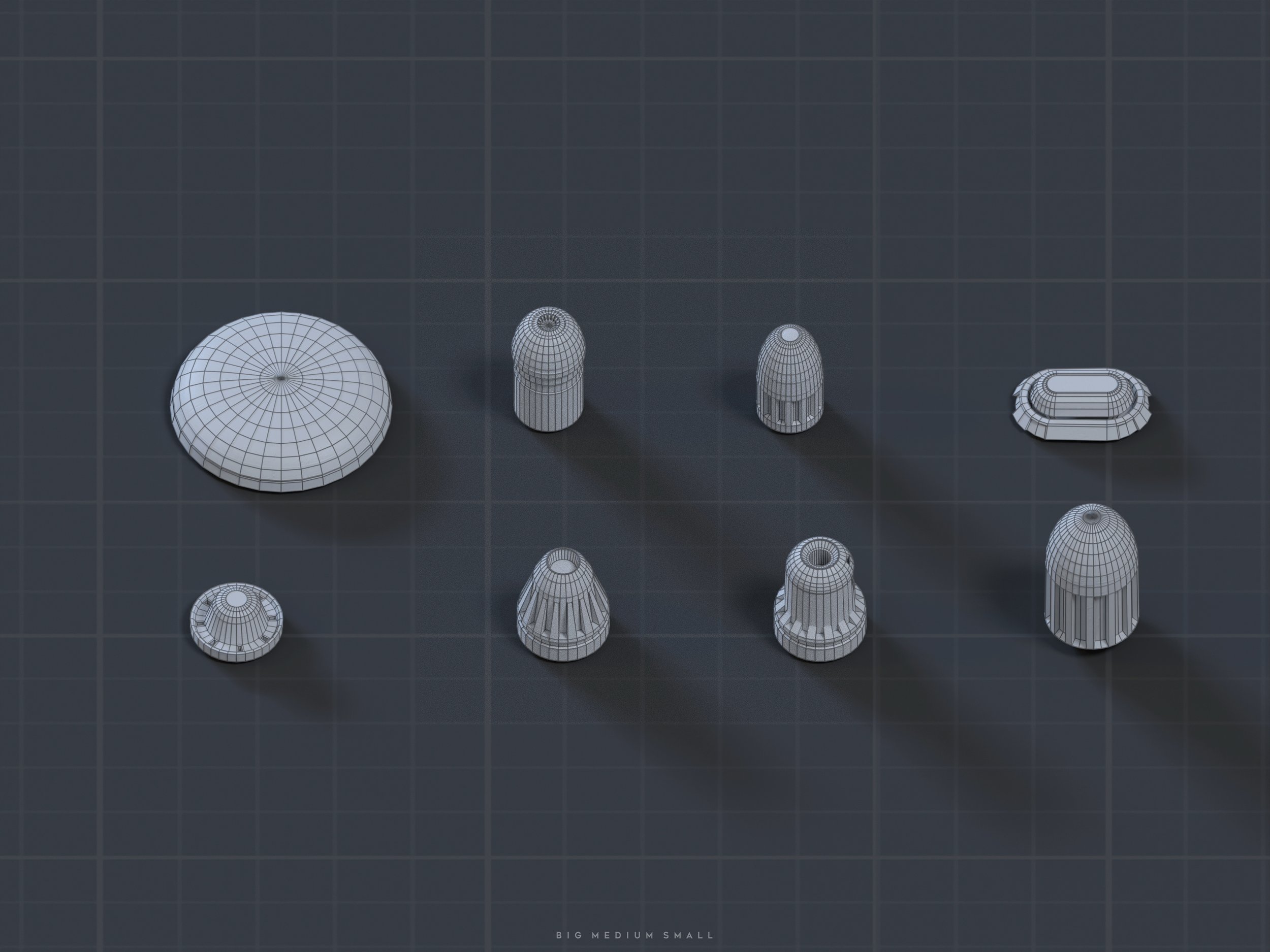 the image shows a topdown view of eight different 3dmodeled objects rendered as wireframes against a dark grey gridded background. the objects are various shapes and sizes including cylindrical, oval, and round shapes, suggesting they might be parts or components for a larger assembly.  the objects are arranged somewhat randomly across the grid. text at the bottom reads "big medium small," implying a size comparison is intended.  the overall style is clean, technical, and suggests a design or engineering context.