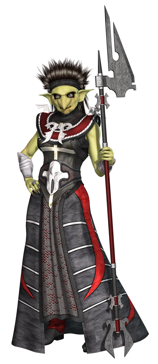 the image depicts a fullbody, digitally rendered fantasy character, likely a goblin, standing upright against a black background. the goblin has green skin, pointy ears, and a long nose, common features associated with this type of creature in fantasy settings. it wears a combination of grey and black armor over a long, flowing gown. the armor includes intricate designs with red accents, and a skulllike emblem on the chest plate. the gown appears to be made of a detailed, chainmaillike material in the center, with grey fabric panels on either side. the character carries a tall spear or staff with a large, uniquely shaped head. the overall aesthetic is medieval or fantasyinspired, suggesting a warrior or noble character from a fictional world.