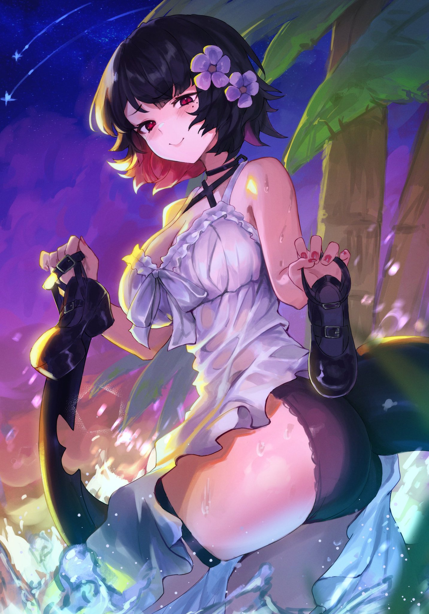 this is an anime illustration of a young, attractive woman with long, dark hair and large, expressive eyes. she is wearing a white dress and is holding a pair of black boots. the background is a dark, night sky with stars and a moon. the woman appears to be standing on a beach with water lapping at her feet. she is smiling and looking off to the side, as if she is enjoying the scenery.