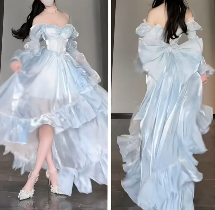 the image shows a woman wearing a light blue, offtheshoulder gown with layers of ruffles and a large bow in the back. she is also wearing lightcolored heels. the image is split into two frames, showing the front and back of the dress.