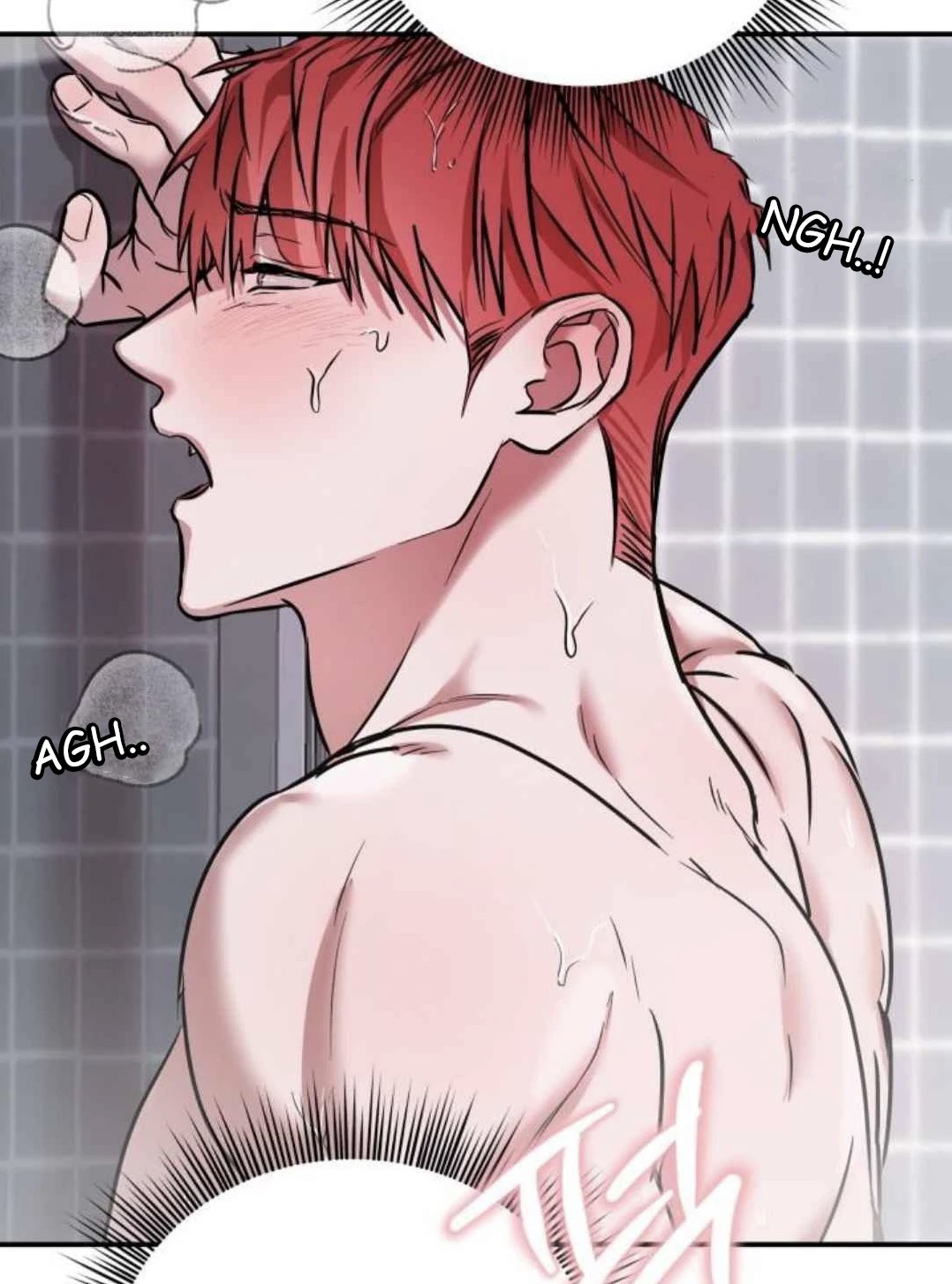 the image is a closeup panel from a manhwa (korean comic) or similar style of graphic novel. it depicts a muscular, redhaired man with a blush on his cheeks, seemingly in a shower or bathroom. he's shown from the back and side, with water droplets visible on his skin. his expression is one of pleasure or slight pain, implied by the onomatopoeia "ngh.." and "agh.."  the art style is characteristic of yaoi (boy's love) manga/manhwa, suggestive of an intimate or romantic scene.  the overall mood is sensual and steamy.
