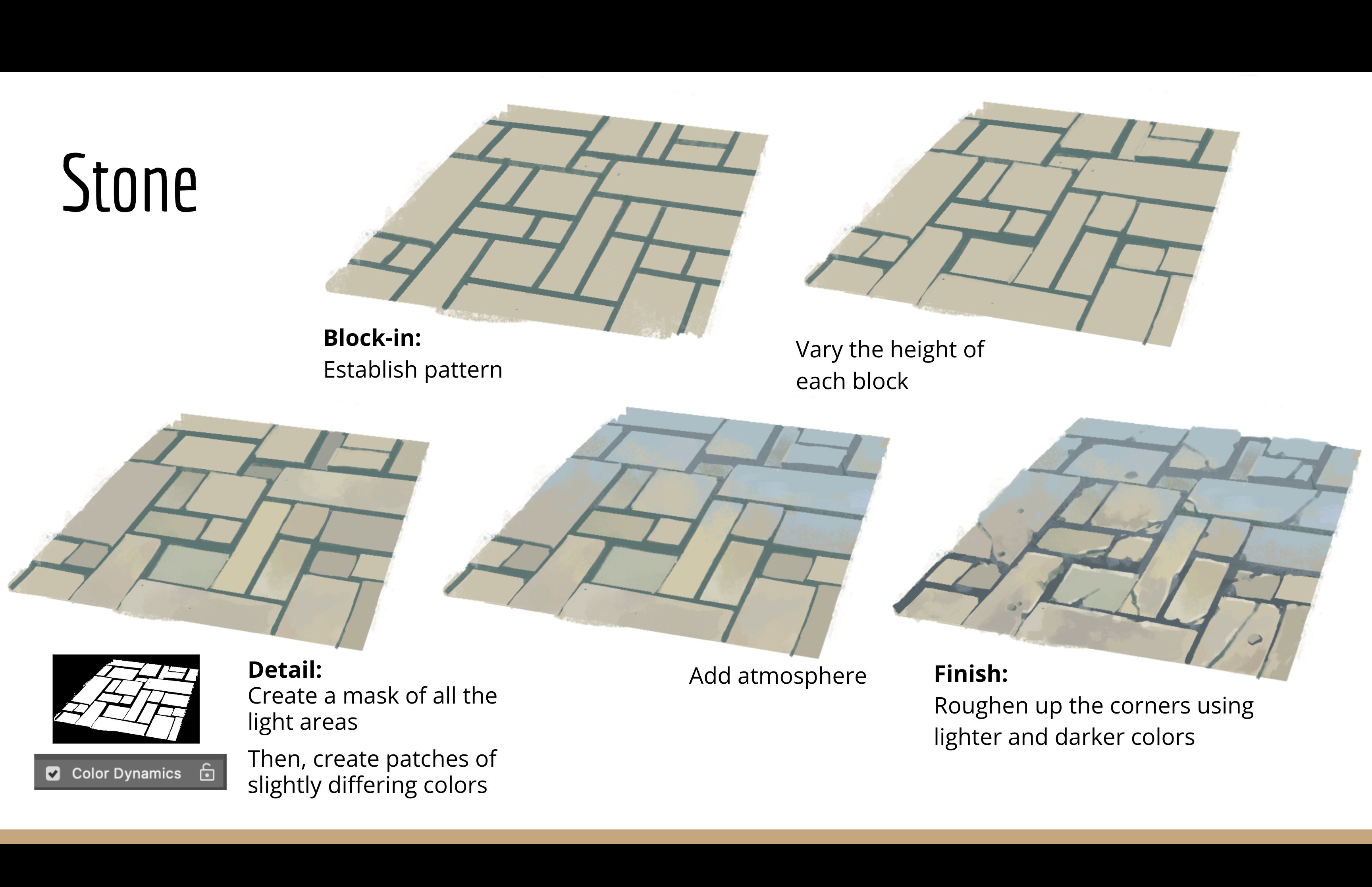 this image is a tutorial on how to draw a stone floor. the tutorial is divided into three steps: blockin, detail, and finish. the first step is to establish the pattern of the stones. the second step is to add detail to the stones, such as cracks and crevices. the final step is to add atmosphere and roughen up the corners of the stones. the image also includes a color dynamics section that explains how to use different colors to create a more realistic stone floor.