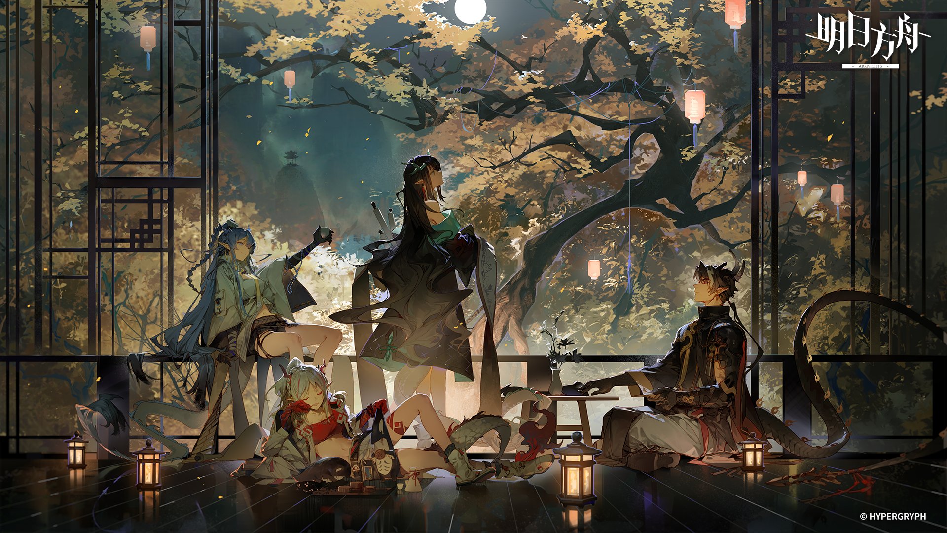 five animestyle characters from the video game genshin impact are gathered on a balcony overlooking a moonlit courtyard. it is nighttime and the scene is illuminated by the moon and warm, glowing lanterns. the characters are dressed in elaborate outfits with a chineseinspired aesthetic.  the overall atmosphere is festive and suggests a celebration. the environment features a wooden structure with intricate details, lush trees with autumn leaves, and a serene forest in the background.