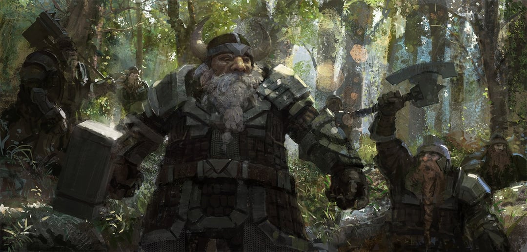 a group of dwarven warriors advances through a forest, armed with axes and hammers. they wear heavy armor and determined expressions, suggesting they are on their way to confront an enemy. the scene is bathed in dappled sunlight filtering through the trees' leaves.