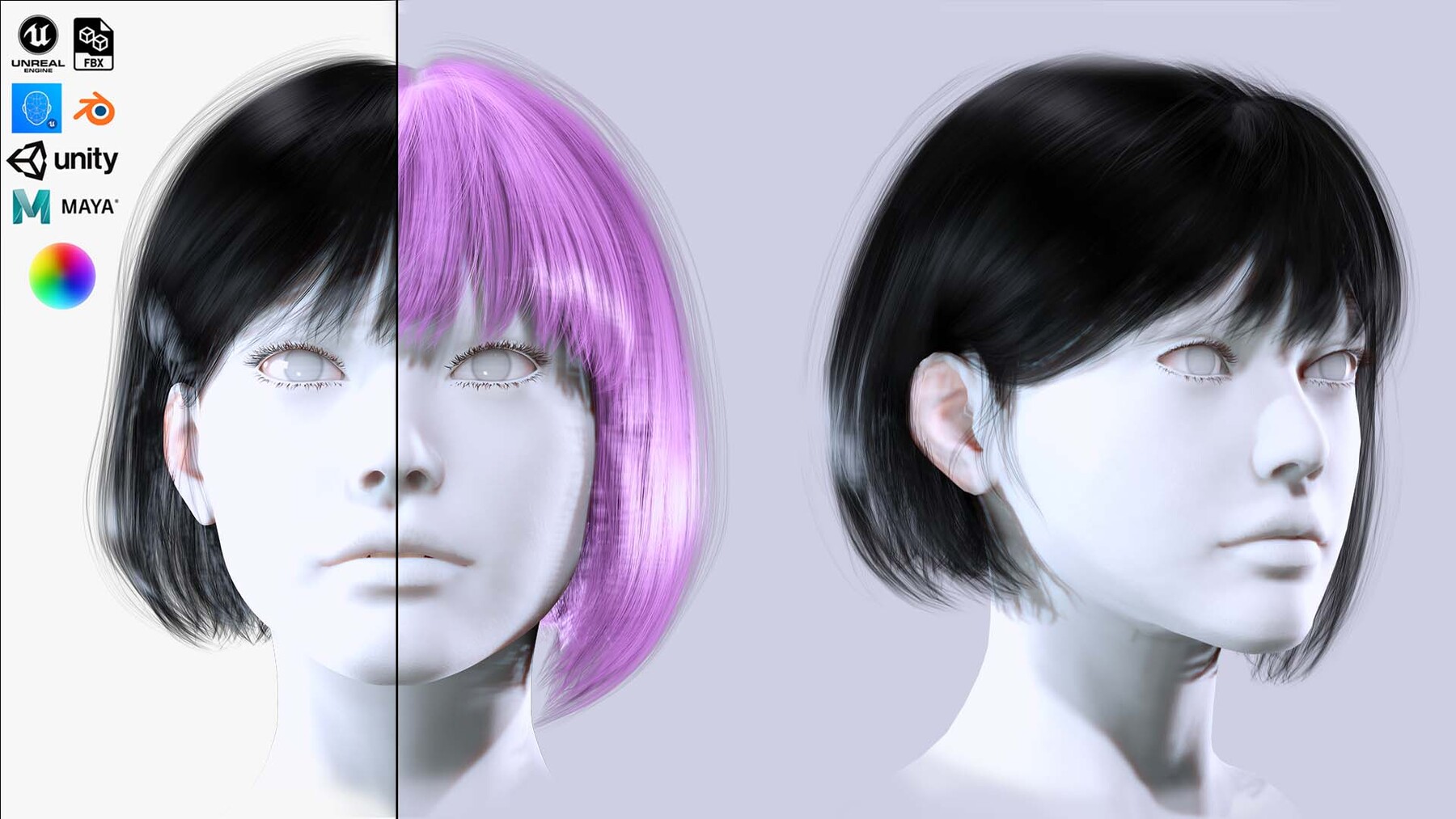 a digital rendering of a woman with white skin and black hair on the left side of the image and a pink hairstyle on the right side. the woman's face is white, and her eyes are white. the rendering is done in a realistic style. the background of the image is light purple.