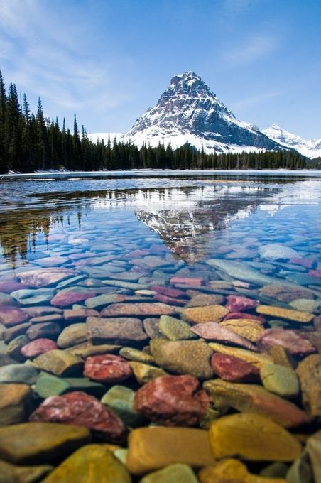 a mountain lake with crystal clear water and a beautiful reflection of the snowy mountain peak. the water is so clear that you can see the colorful pebbles at the bottom of the lake. the lake is surrounded by lush green trees and the mountain peak is covered in snow. the sky is a beautiful blue and the sun is shining brightly. the scene is peaceful and serene.  the picture captures the beauty of nature and the tranquility of this mountain lake.