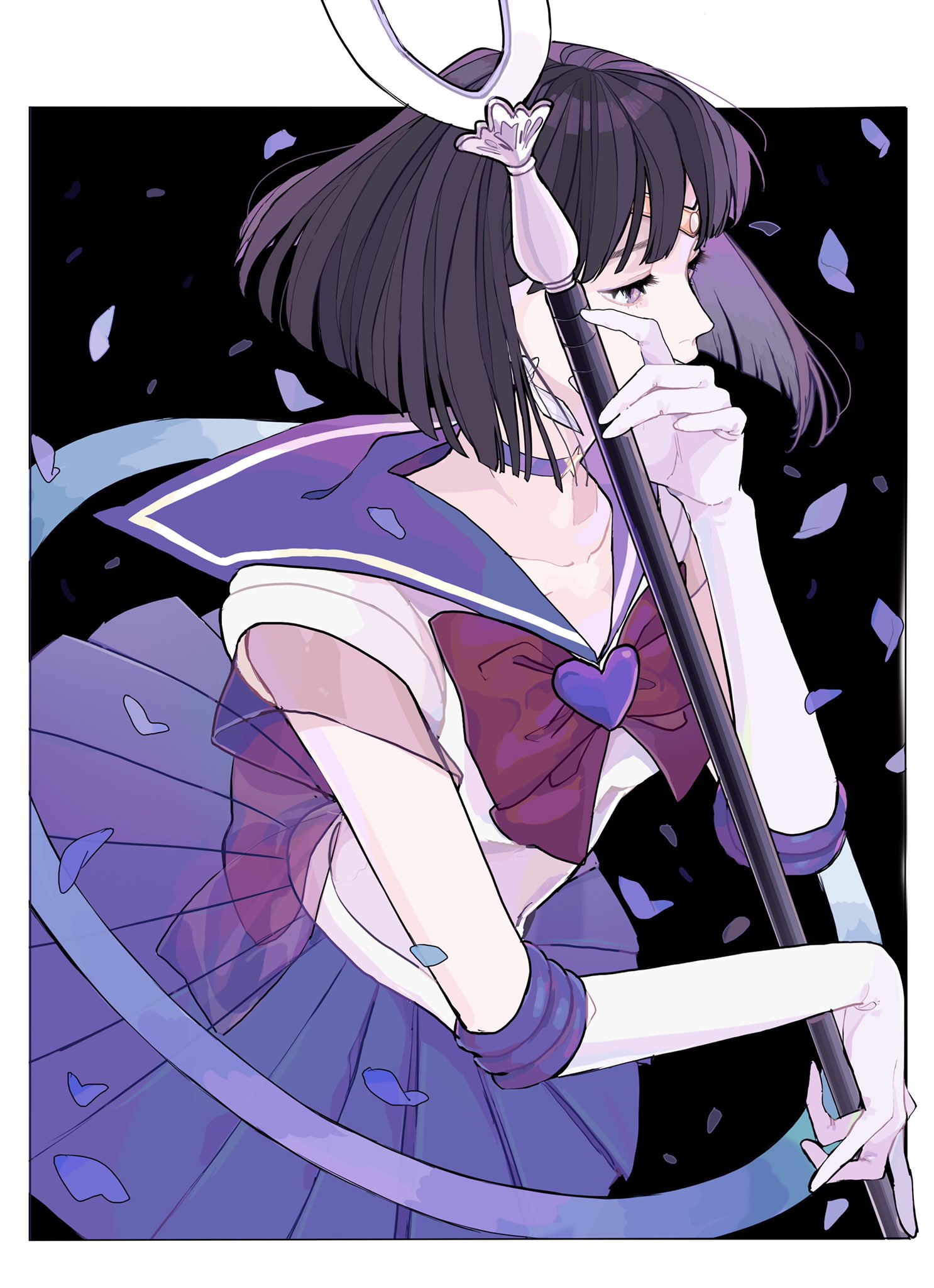 the image is a piece of fanart featuring sailor saturn, an anime character from the sailor moon series. she is depicted in side view, holding her staff. her outfit consists of a white school uniform with a purple collar, a large red bow with a purple heart, a purple skirt, and white gloves. her hair is dark and short. the background is black, with purple petals scattered around. there are also light blue ribbons draped around her body.