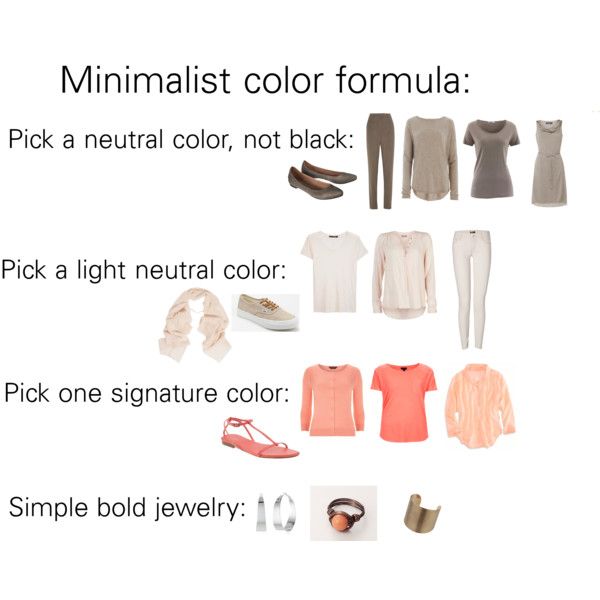 the image presents a fashion guide titled "minimalist color formula". it illustrates a color palette approach for minimalist styling, suggesting to pick a neutral color (excluding black), a light neutral color, and a single signature color. the guide also recommends incorporating simple, bold jewelry. the image displays various clothing and accessory items in corresponding color categories to visually demonstrate the concept.