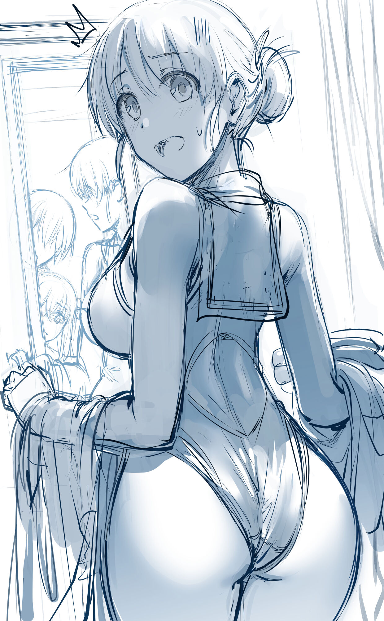 the image is a digital drawing or sketch of an animestyle girl. she's depicted from behind, looking at her reflection in a mirror. she appears to be wearing a onepiece swimsuit, and her expression seems a mixture of surprise, nervousness, or shyness. the style is loose and sketchy, with soft lines and shading giving it a painterly feel.  the background is simple, mostly blank space with some suggestions of a curtain or fabric.  several smaller reflections of similarlooking girls are visible in the mirror. the overall color palette is cooltoned, mainly light blues and greys.