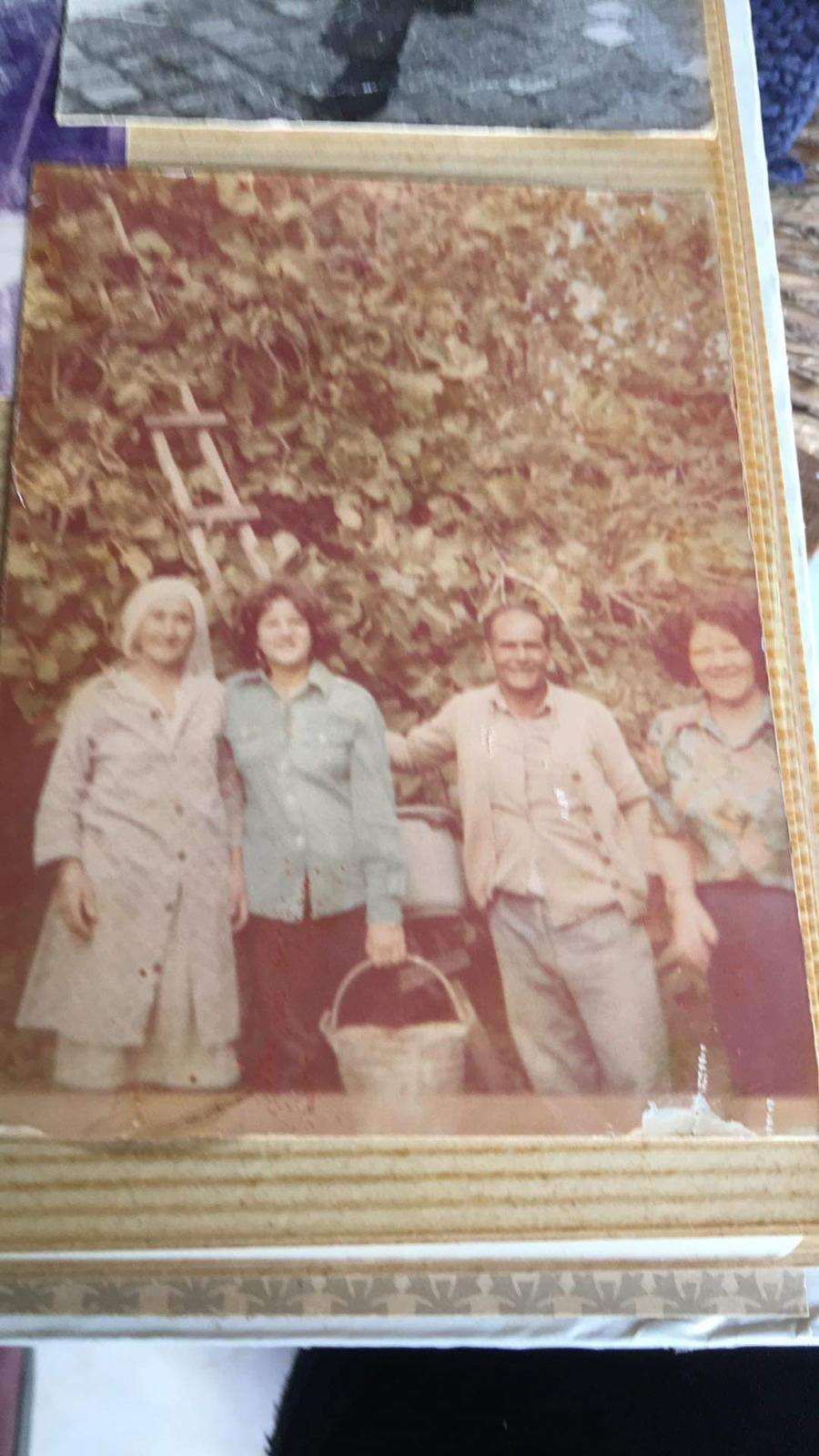 a vintage sepiatoned photograph shows a family of four posing outdoors in what looks like a vineyard or garden. two women and two men are standing together, smiling slightly. the women are wearing dresses and the men are dressed in casual clothing.  a ladder is visible in the background along with grape vines. one woman is holding a bucket. the photo has a slightly faded and aged appearance characteristic of older photographs. the photo seems to have been taken in the 1970s or 1980s.