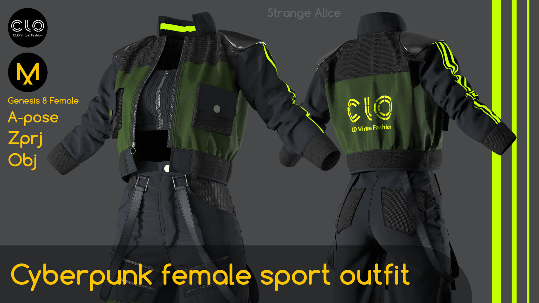 this is a 3d model of a cyberpunk female sport outfit. the outfit consists of a jacket and pants. the jacket is black and green with yellow accents. the pants are black with mesh details. the model is in an apose, which is a neutral pose where the model's arms and legs are straight. the outfit is designed for the genesis 8 female character. the file formats are available in zprj and obj.