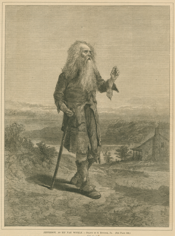 an illustration of joseph jefferson as rip van winkle. an old man with a long white beard is standing in tattered clothes holding a walking stick. a cabin can be seen in the background with a landscape of mountains and a lake.