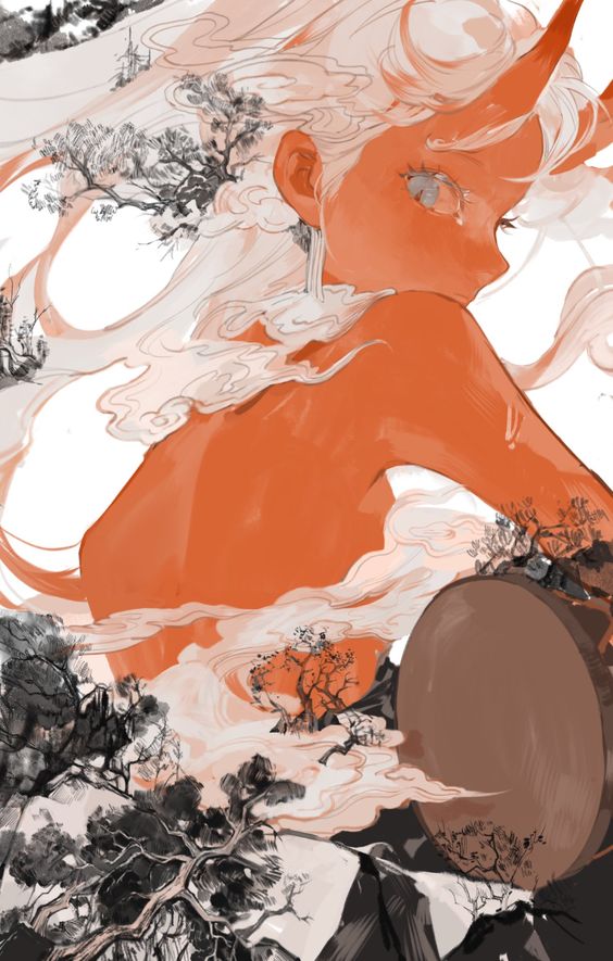 the image features a stylized depiction of a female oni, a creature from japanese folklore, with flowing white hair and red skin. she is partially obscured by swirling clouds and framed by stylized trees, creating an ethereal and mystical atmosphere. the soft lighting and side perspective enhance the dreamlike quality of the artwork.