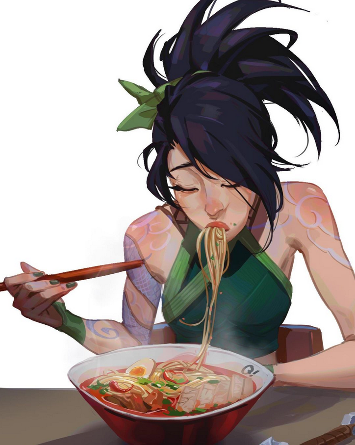 a female anime character with blue, purple, and green hair is sitting at a table with a bowl of steaming ramen noodles in front of her. she is using chopsticks to pick up noodles and put them into her mouth. the character has green and blue tattoos on her arms. she is wearing a green crop top with a green ribbon. she has a very focused look on her face, as she is enjoying her meal.
