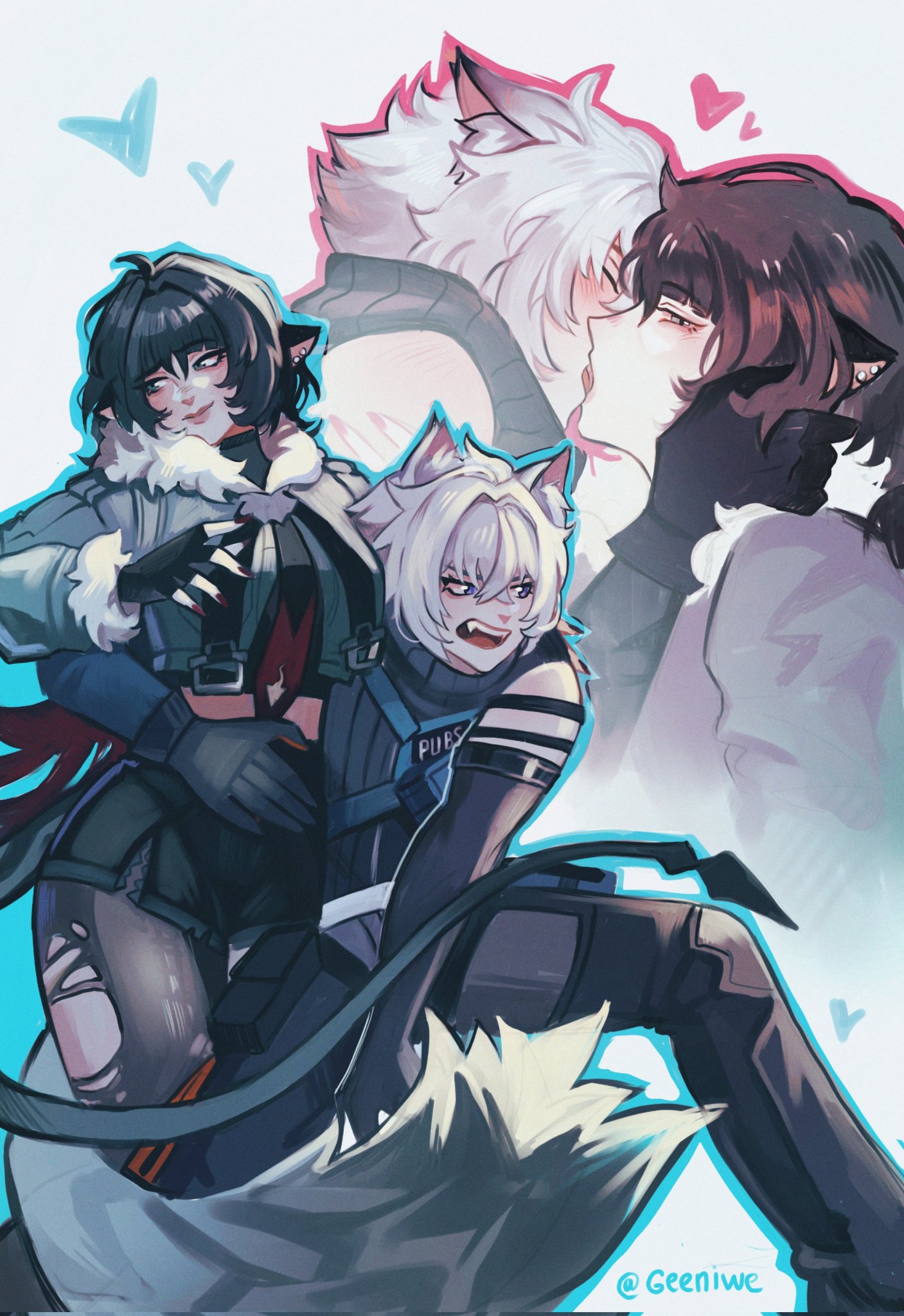 this is a digital art illustration of 4 animestyle characters. 2 of them are kissing, and the other 2 are hugging, all set against a white and blue background with pink hearts. the characters are all girls with different hair styles and colors and are dressed in different clothes. the girl in the middle has white hair and a white fur collar, and the girl on the left has black hair and a grey fur collar, and both of them have cat ears. the two girls in the background are also wearing fur collars. the girl on the right has black hair, and the girl on the left has white hair and wolf ears. their heads are facing each other, and their lips are touching, showing affection. the girls are both smiling happily, their expressions convey a sense of joy and happiness.  the background is made of a few hearts and a light blue and white gradient with subtle pink highlights around the heads of the girls. the artwork is welldone and the characters are very detailed.