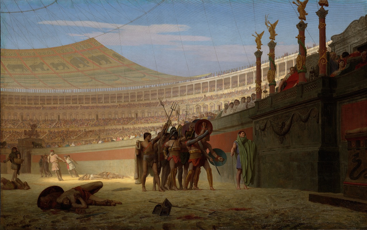 this is a painting titled "pollice verso" by jeanléon gérôme, depicting a scene within the colosseum in ancient rome. gladiators are in the arena after a combat, with one fallen on the ground. a group of victorious gladiators stands near a figure in a robe. a large crowd of spectators fills the stands of the colosseum. the emperor is seated in a prominent box. an awning covers part of the colosseum, and there is netting visible above. the painting depicts the moment where the crowd is deciding whether the defeated gladiator should live or die, indicated by their "pollice verso" gesture (thumbs down).