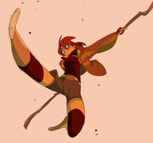 a digital illustration of an animestyle girl kicking with a staff in hand. the girl is drawn in a dynamic pose with her leg raised high in the air, showing her powerful movement. she is dressed in a casual outfit with a red and black jacket. her red hair flows behind her as she kicks.  the background is a simple, flat pink color, with a few sparse details that create a sense of movement and energy. the illustration has a bold and energetic style, reflecting the girl's fierce and determined attitude. it could be a scene from a comic or graphic novel, or it could be a standalone piece of art that captures the energy and dynamism of anime.