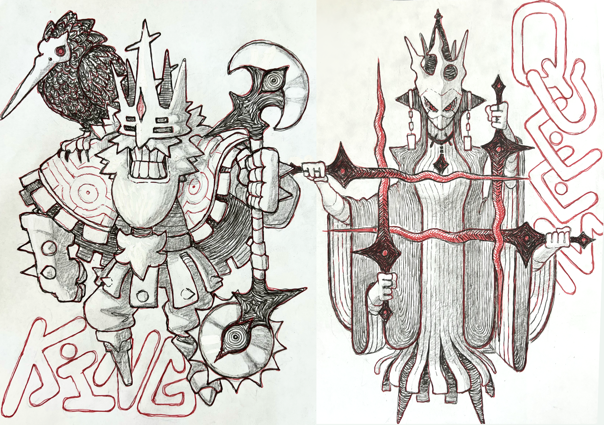 the image shows two pencil sketches of fantasy characters likely representing a king and queen. the kinglike figure on the left is short and stocky, wearing armor and a crown adorned with a bird skull. he wields a large axe with a crescent moon shape. the queenlike figure on the right is tall and slender, wearing a long flowing robe and a crown with three points. she holds three swords with intricate hilts. both figures and their weapons are heavily detailed with sharp lines and shading. the background is white with the words "king" and "queen" written in red beside the respective characters.