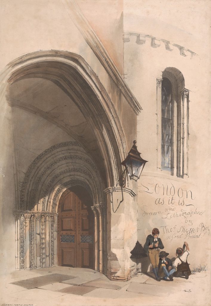 the image is a drawing of a church entrance with an arched doorway and a street lamp hanging on the wall. three people are sitting on the ground near the church. the drawing includes text that reads "london as it is, drawn and lithographed by thos. shotter boys, a good protest!".