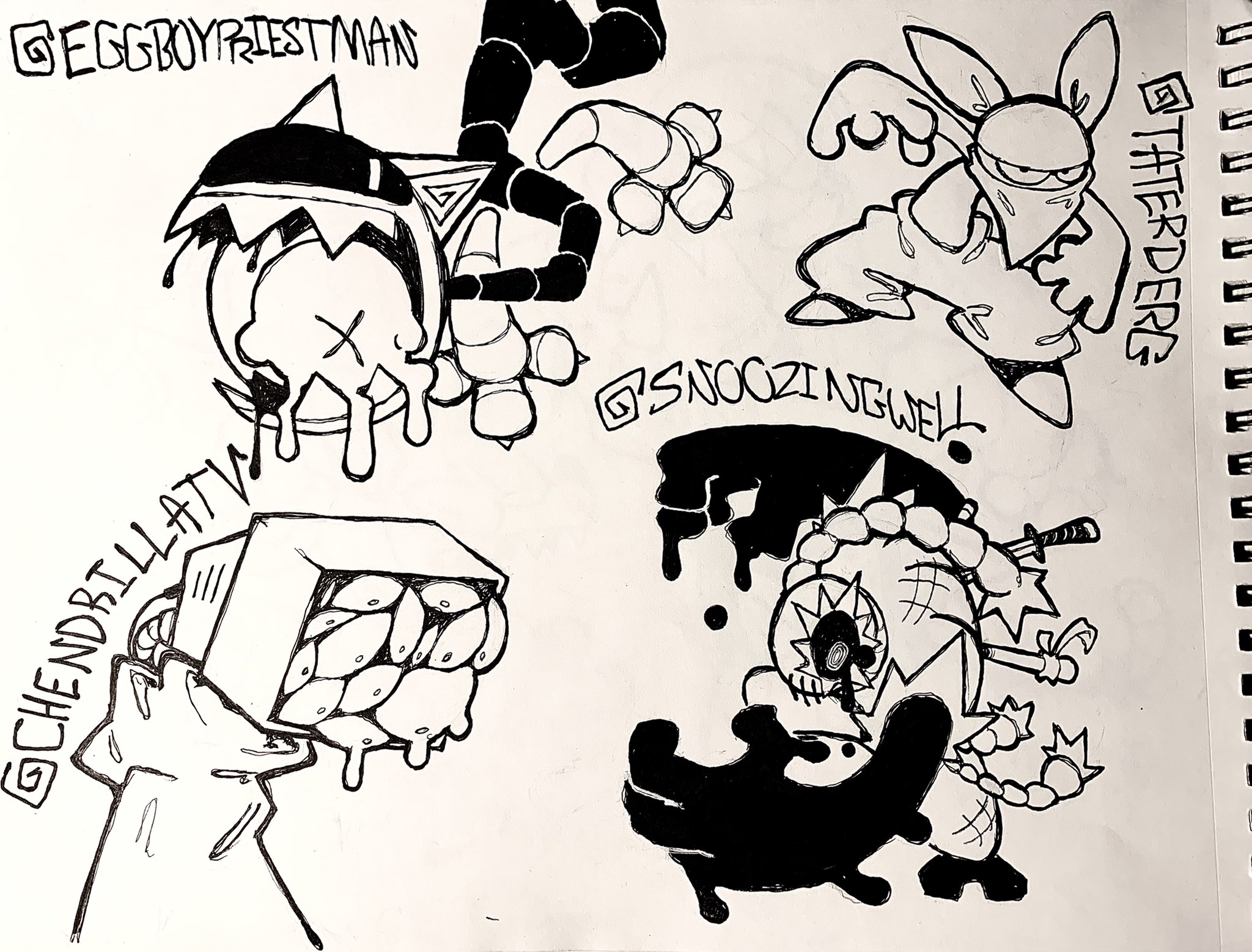 the image is a scanned drawing featuring four different character designs in a cartoonish style, likely created with black ink on white paper. each character has a unique name written above them, seemingly their online handles. the top left character, "eggboypriestman," is a robotic figure with a gaping jaw, sharp teeth, and what looks like melting ice cream on its head. the top right is "thederg," a humanoid rabbit dressed as a ninja with an angry expression. the bottom left, "chendrilati," depicts a hand with extending tendrils, emerging from a box overflowing with eyeballs and slime. lastly, "snoozingwell" at the bottom right portrays a figure resembling a stitchedtogether voodoo doll with a sword and melting candle on its head. the art style is reminiscent of indie comics or cartoons, characterized by bold lines, exaggerated features, and a blend of humor and grotesqueness.