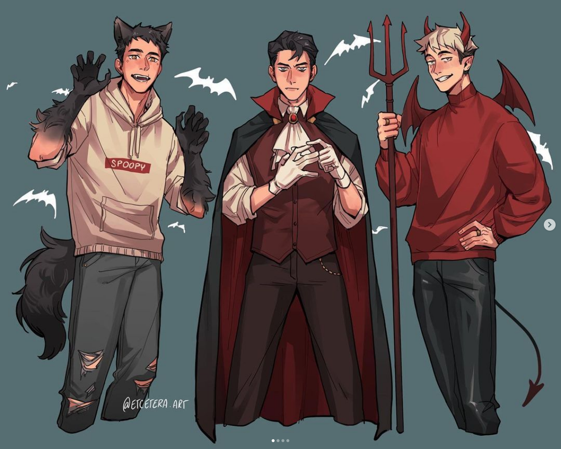 three young men stand side by side. the man on the left is dressed in a werewolf costume, the man in the middle is dressed in a vampire costume, and the man on the right is dressed in a devil costume. they are posing against a gray background.