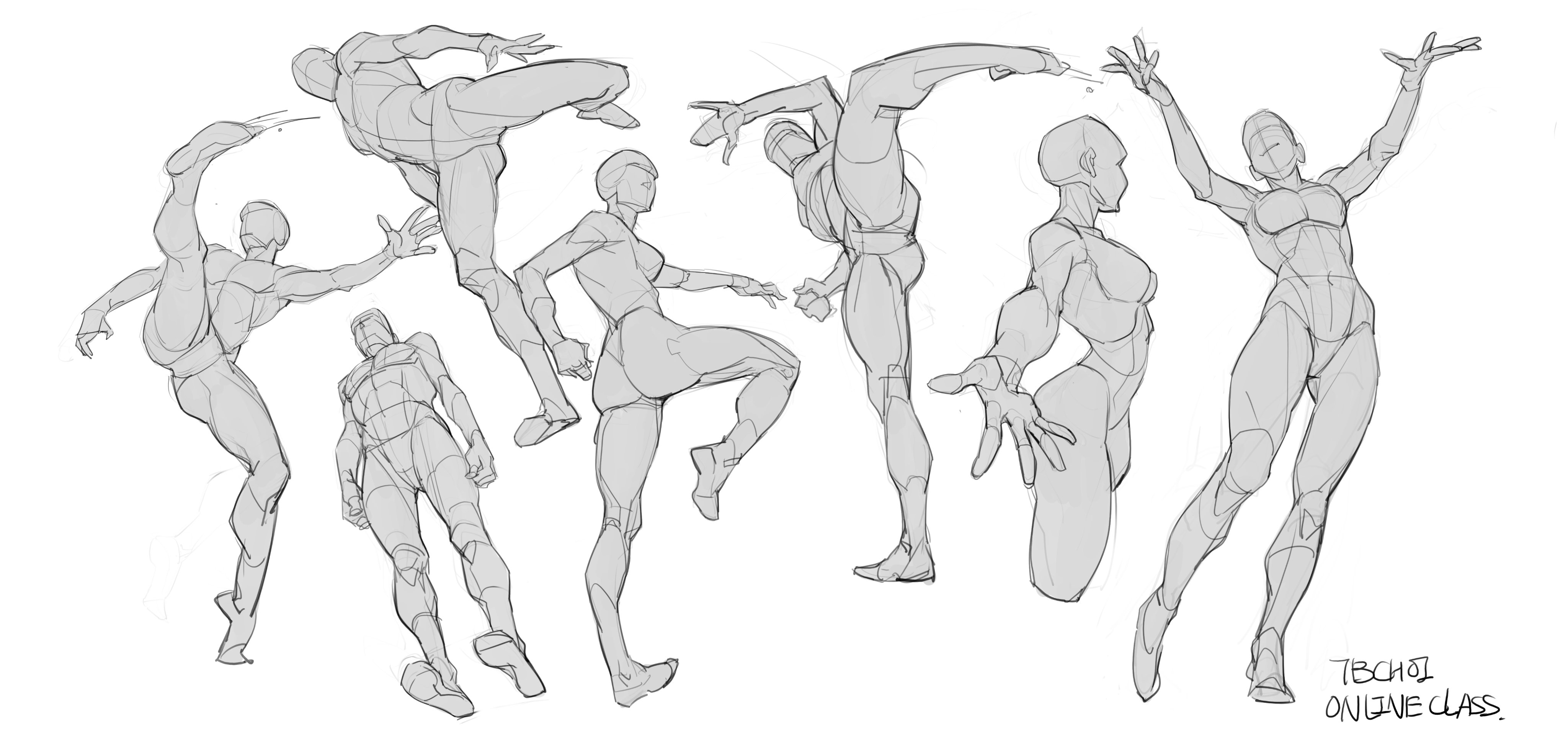 the image showcases a collection of dynamic figure drawings, likely created as gesture or anatomy studies.  multiple figures are depicted in a variety of energetic poses, ranging from leaps and kicks to more relaxed stances.  the style is loose and expressive, focusing on capturing movement and form rather than precise detail.  the figures are rendered in grayscale using light sketching lines to suggest volume and musculature. the artist's name or brand, "tbchoi online class," is visible in the bottom right corner, indicating these sketches may be examples from an online art course teaching figure drawing techniques.  the overall impression is one of energetic movement and artistic exploration of the human form.