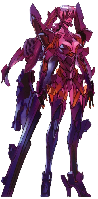 this is a digital illustration of an anime female robot or cyborg warrior. she has long purple hair and is wearing a futuristic, purple and pink suit of armor with orange accents. she has a large purple sword in her hand. the background is black and white, which helps to make the robot stand out.