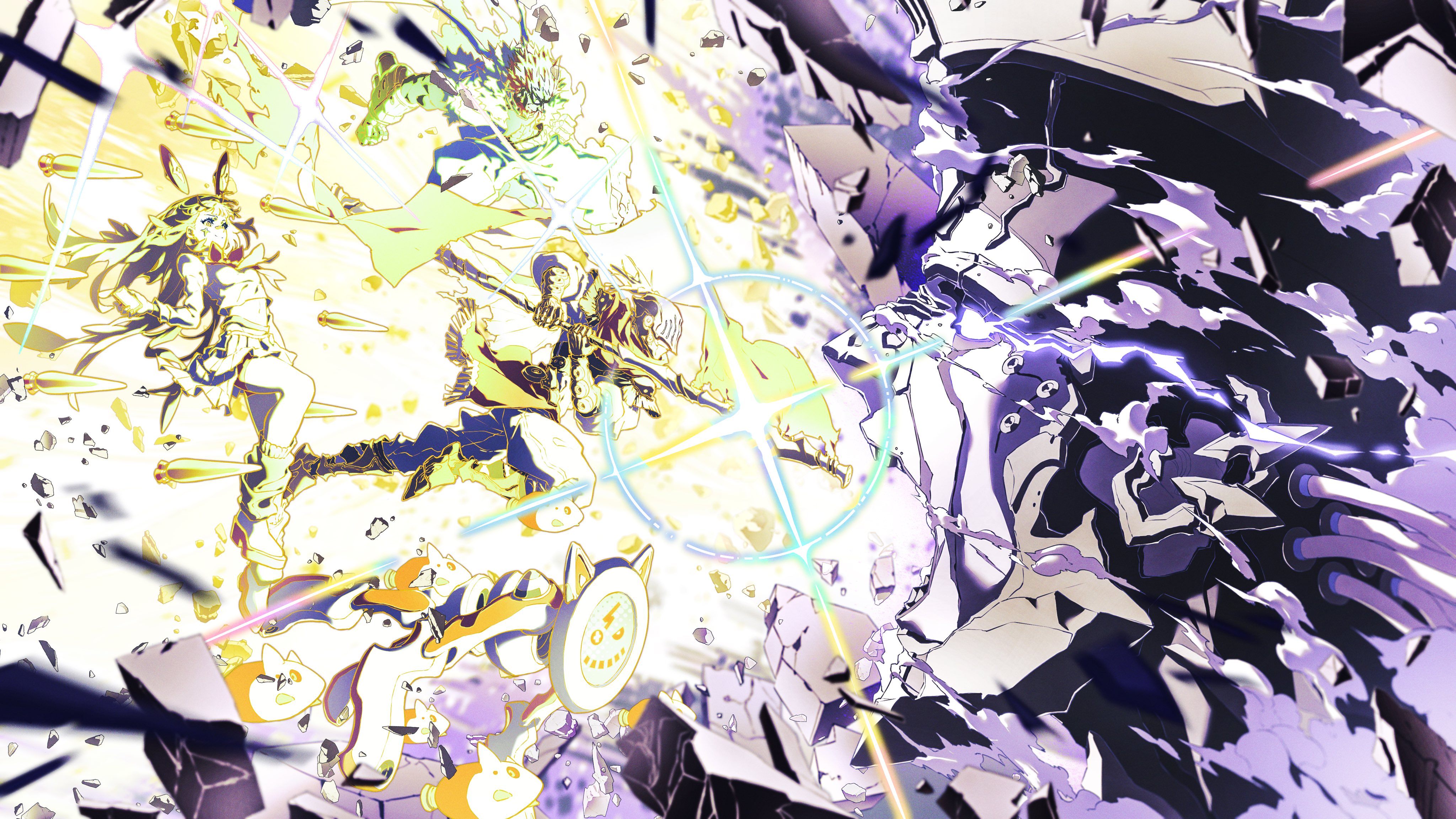 an animestyle image depicting a highenergy battle scene. the left side features bright, goldenhued characters, including a female figure with long hair and a male figure wielding a weapon. there are also small, cartoonish figures resembling dogs. the right side is dominated by dark, purpletoned figures and debris, suggesting a destructive force. a circular burst of light connects the two sides, emphasizing the conflict. the overall impression is one of intense action and magical or scifi combat.