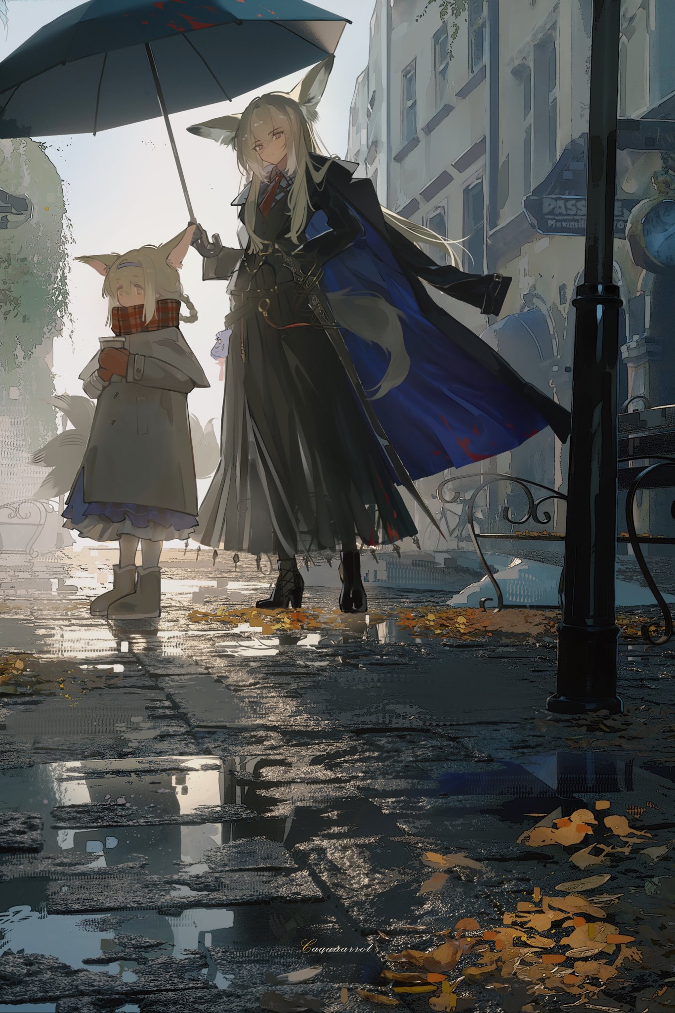 the artwork depicts two animestyle girls walking down a rainsoaked cobblestone street. the taller girl, with blonde hair and fox ears, holds an umbrella and wears a long dark coat. the smaller girl, also with fox ears, wears a lightercolored coat.  the setting is a europeanstyle city with buildings visible in the background, suggesting an autumnal atmosphere with fallen leaves scattered on the ground and reflecting in puddles.  the style is painterly and digital, with a soft focus and a slightly melancholic mood.