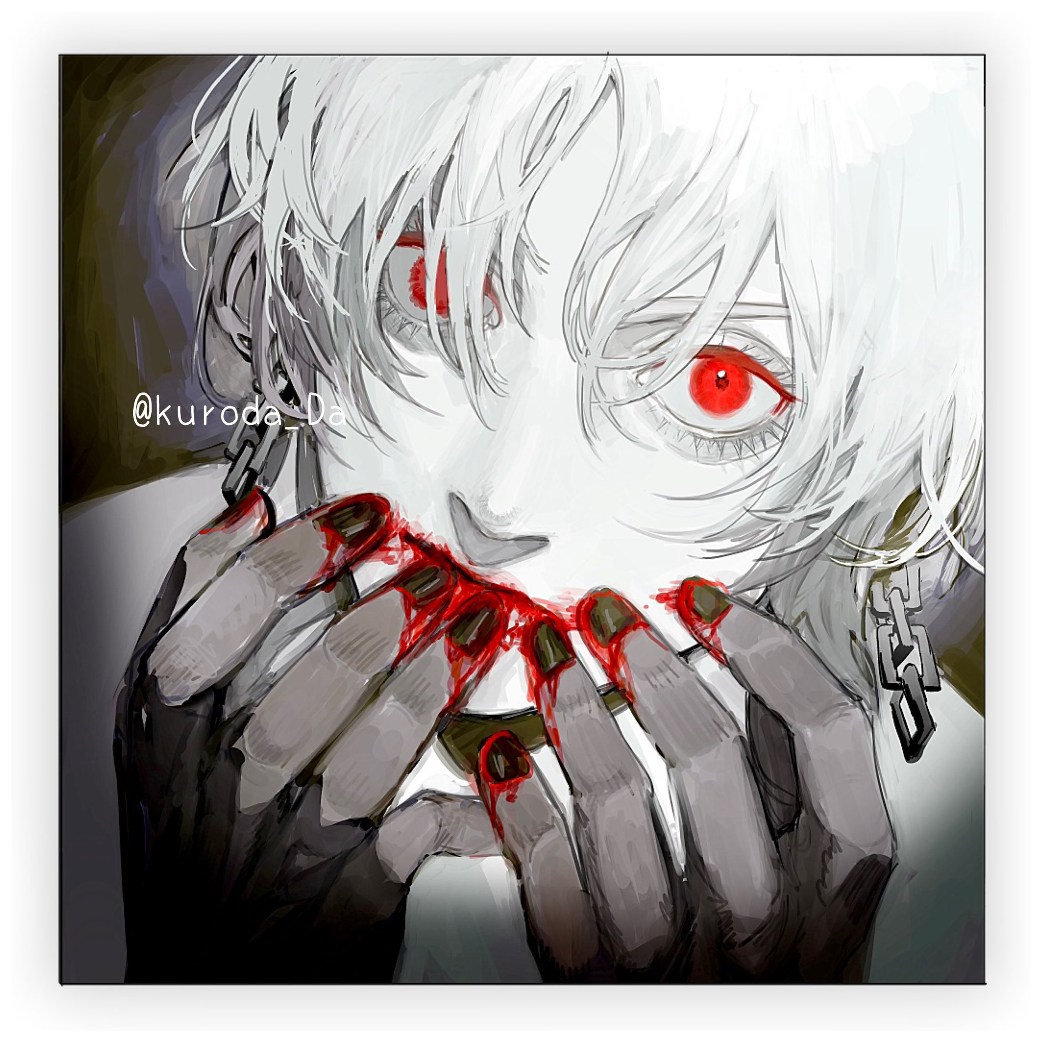the image is a stylized portrait of a young man with white hair and piercing red eyes. he is shown in a state of distress, with blood smeared around his mouth. his hands, adorned with dark nail polish and chains, are clasped over his lower face, further emphasizing his anguish. the art style is reminiscent of anime and manga, utilizing sharp contrasts and dramatic lighting to convey emotion.  the overall tone is dark and unsettling.