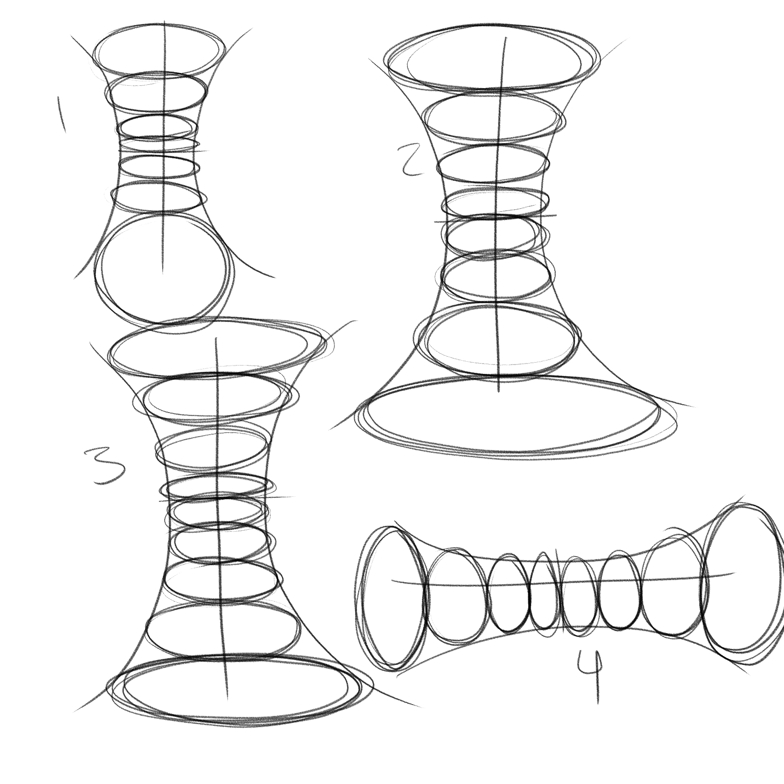 the image contains four sketches illustrating the construction of an hourglass form using ellipses and perspective lines. each sketch shows a different stage or variation of the hourglass shape, progressing from simple to more complex.  numbered 1 through 4, they illustrate the process of creating a threedimensional object from twodimensional shapes. the lines are sketchy and handdrawn, giving it a loose and organic feel.