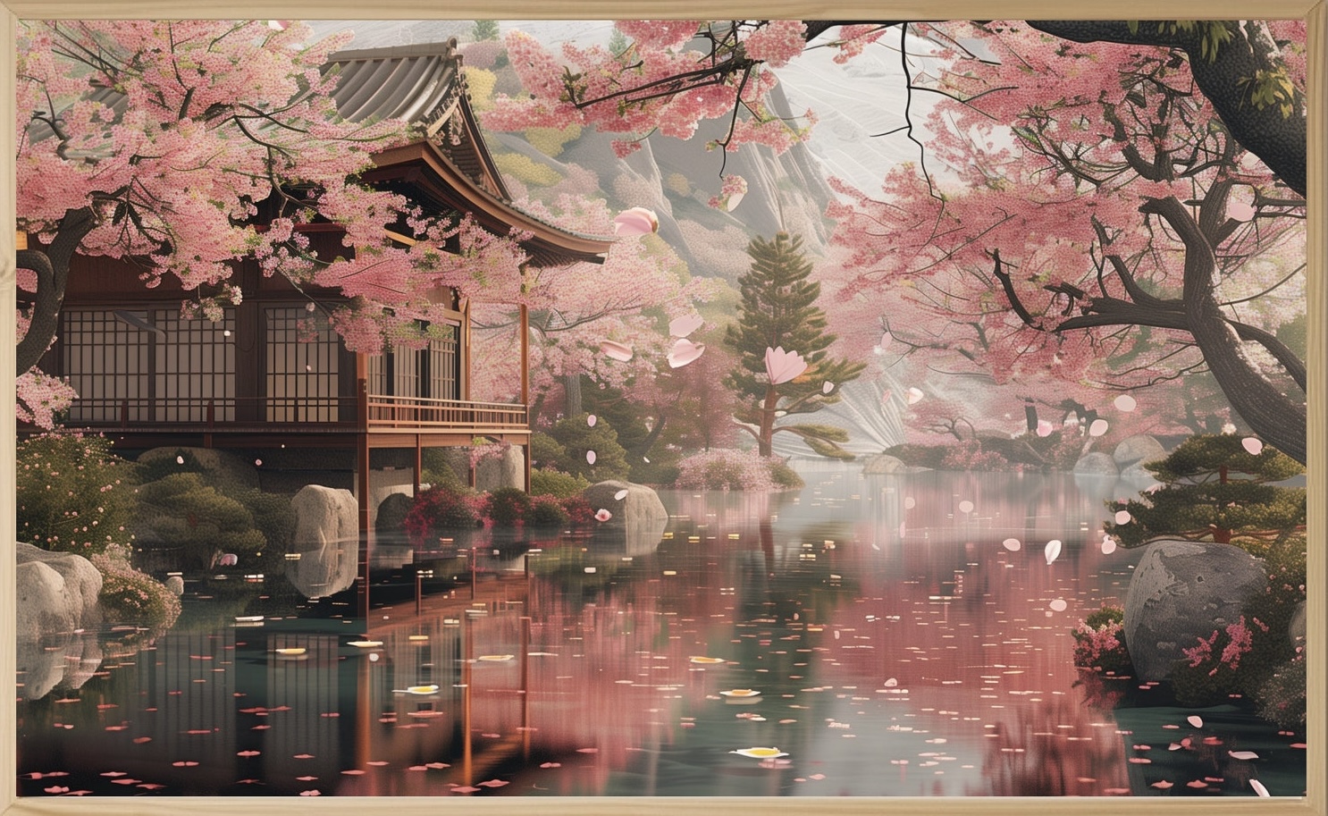 this is a painting of a japanese temple situated on a lake, surrounded by cherry blossom trees in full bloom. pink petals fall gently onto the surface of the water, creating a serene and beautiful atmosphere. the water reflects the temple and the blossoms, creating a sense of peace and tranquility. the painting features a soft, pastel color palette, further enhancing the sense of peace and beauty.