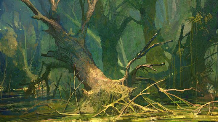 the image is a digital painting or illustration depicting a swampy or jungly forest scene. a large, fallen tree dominates the foreground, its roots and branches sprawling across the murky water.  the surrounding trees are tall and dense, their trunks partially obscured by shadows and dappled sunlight filtering through the canopy.  the overall color palette is heavily saturated in greens and yellows, creating a lush, almost mystical atmosphere. the scene is detailed, with texture visible in the bark, water, and undergrowth, suggesting a humid and overgrown environment. the style of the art is painterly and impressionistic, giving it a slightly ethereal quality. the light creates a contrast between the bright areas and the dark shadows within the forest, adding depth to the scene.