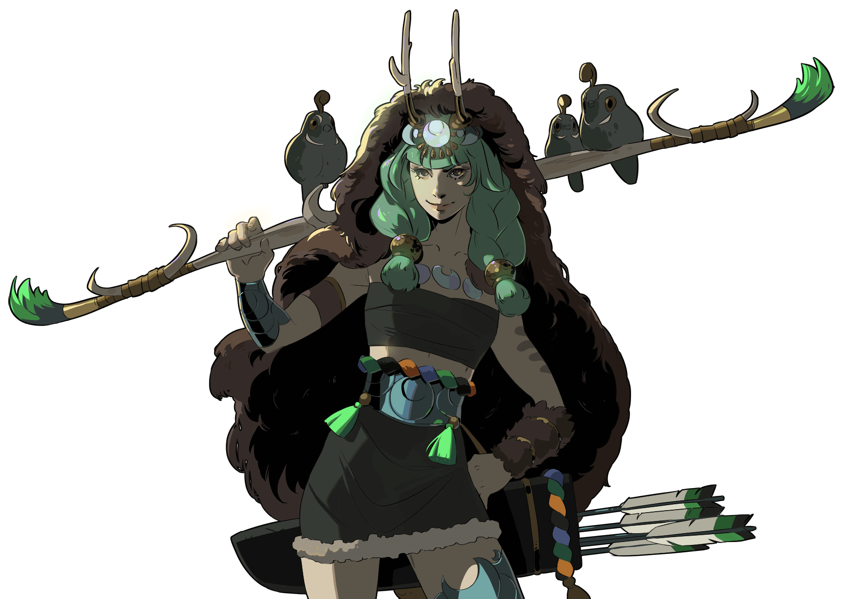 this illustration depicts a woman warrior from a fantasy world. she is wearing a brown fur coat with a green and brown belt around her waist. she also has a quiver of arrows strapped to her back. she is holding a staff with antlers on the end and has green birds sitting on it. she has green hair and is looking at the viewer with a fierce expression.